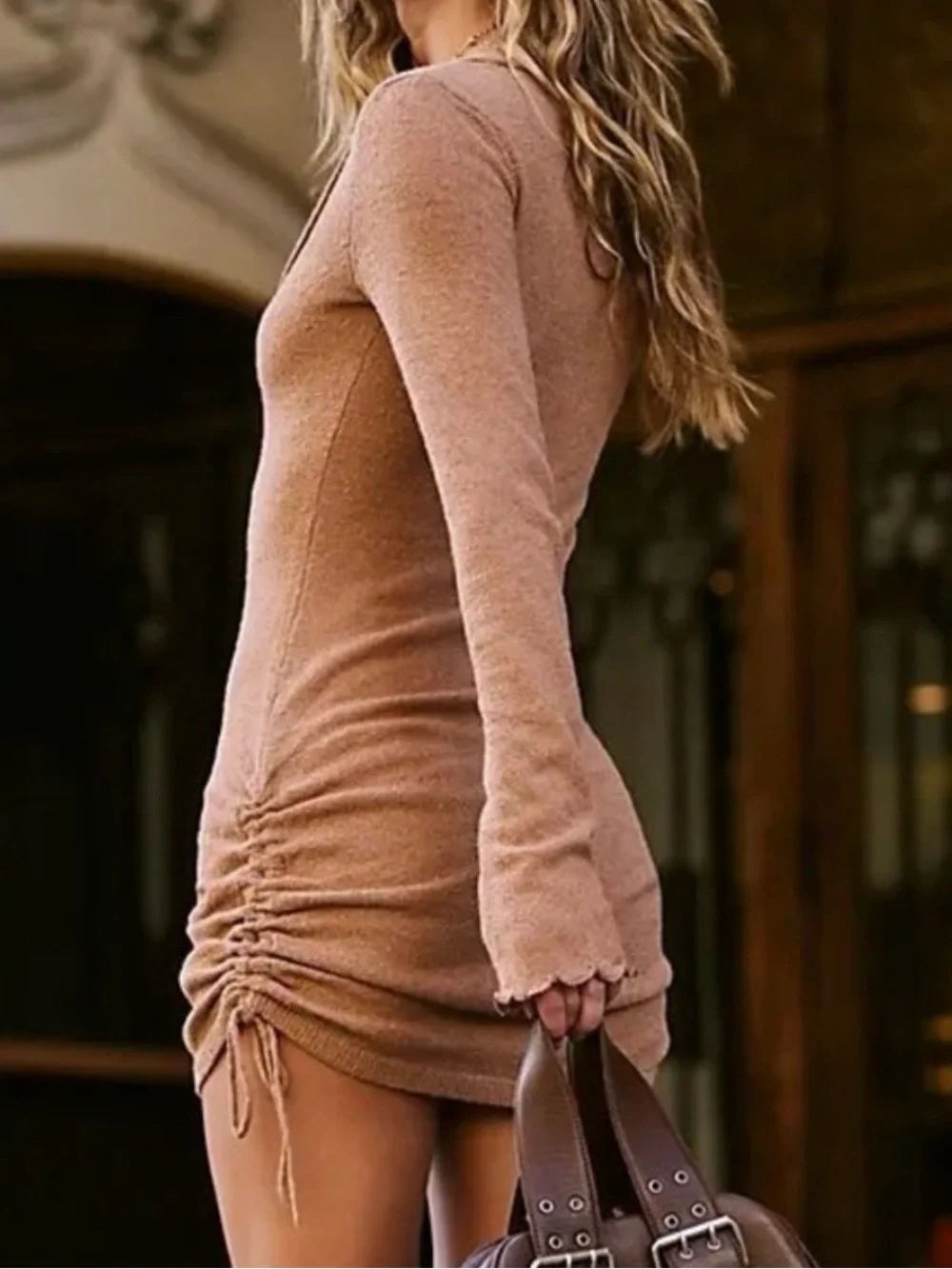 Free People Tan Ruched Long-Sleeve Mini Dress